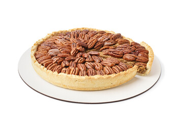 Tasty pecan pie on white background