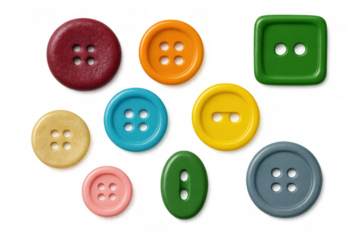 Multicolored sewing buttons varying in shape, size scattered against transparent surface, forming whimsical crafting arrangement