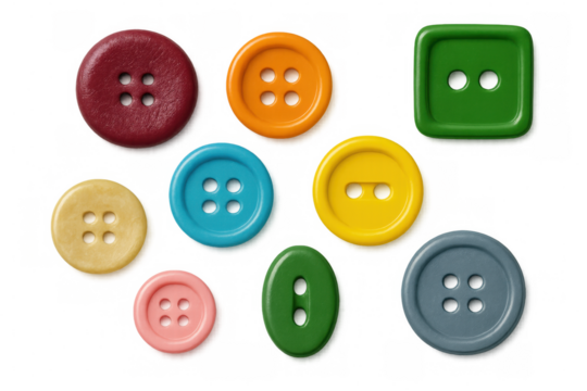Multicolored sewing buttons varying in shape, size scattered against transparent surface, forming whimsical crafting arrangement