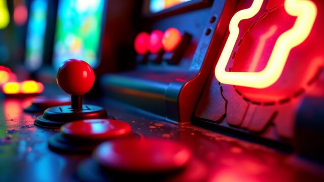Retro arcade game with joystick and neon light - Powered by Adobe