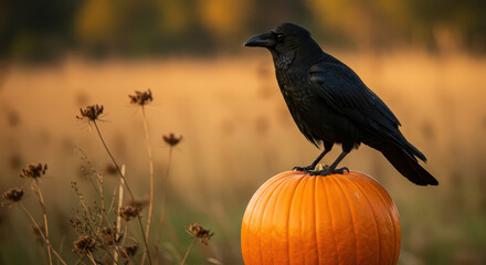Halloween black crow on pumpkin in field, spooky autumn scene