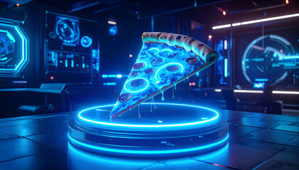 Futuristic Blue Neon Pizza Slice on a Glowing Platform