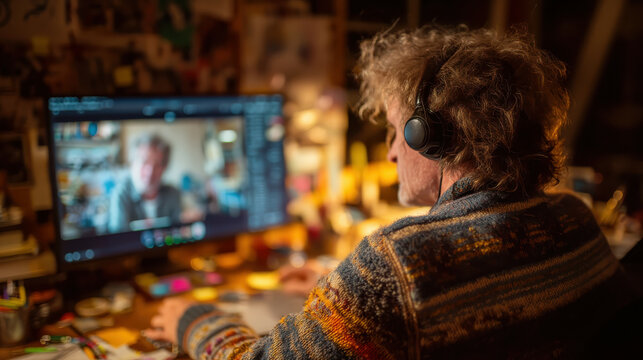 Online Collaboration: Focused individual engages in a dynamic online meeting or video conference, showcasing the power of remote communication and digital interaction.