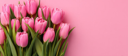 Obraz premium A bunch of pink tulips on a soft pink background