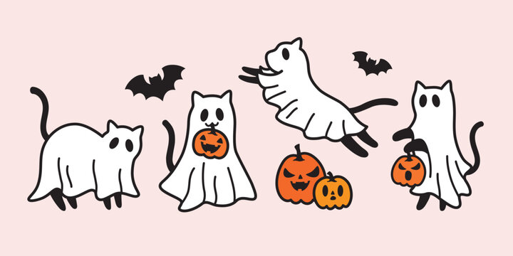 Halloween cute ghost cat with jack o lanterns vector illustration. Funny sheet ghost cats with bats and pumpkins.