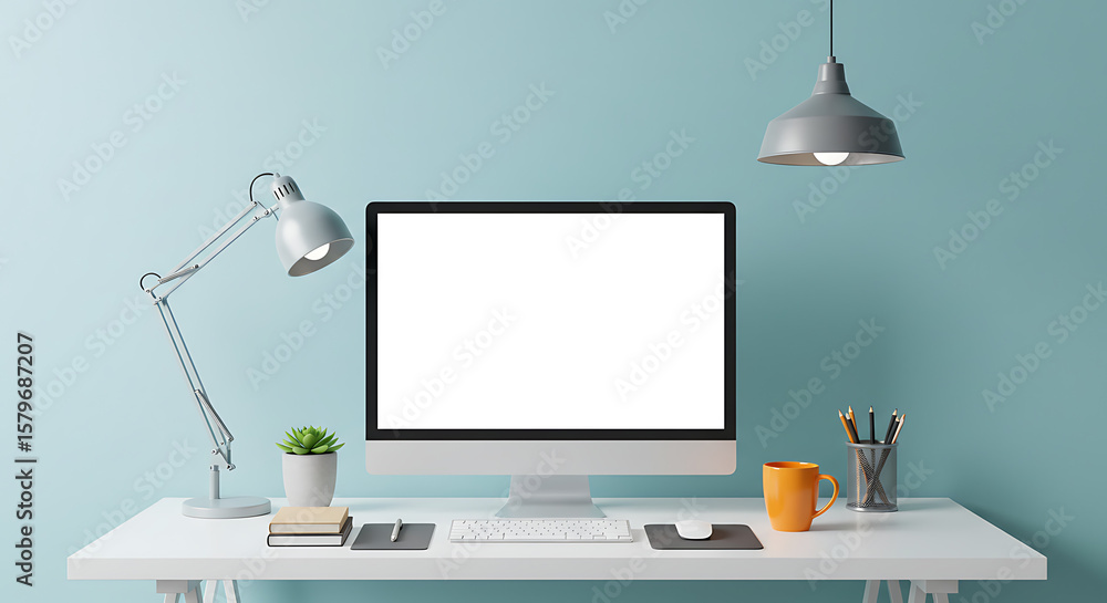 Poster workstation simplicity minimalist workspace with computer on desk under hanging lamp for creative pr
