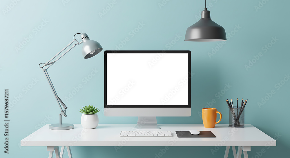 Aufkleber modern workspace mockup featuring a blank screen computer on a bright desk for your design presentat