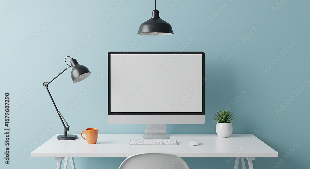 Poster modern desk setup with computer and lamp a clean workspace for productivity and creativity
