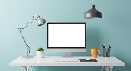 Modern workspace mockup featuring a blank screen computer on a bright desk for your design presentation or marketing content.