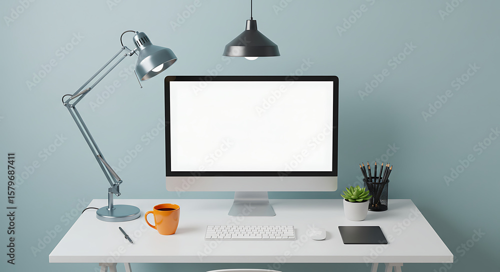 Poster minimalist workspace computer, desk, and lamp in a clean and modern home office setting, creating a 