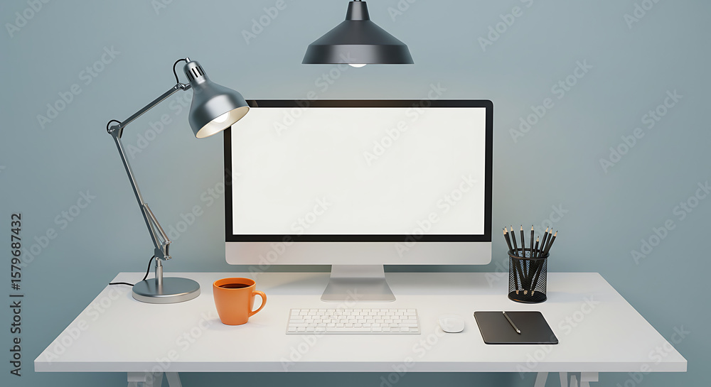 Poster modern workspace minimalist desktop setup with computer, lamp, and coffee for enhanced productivity