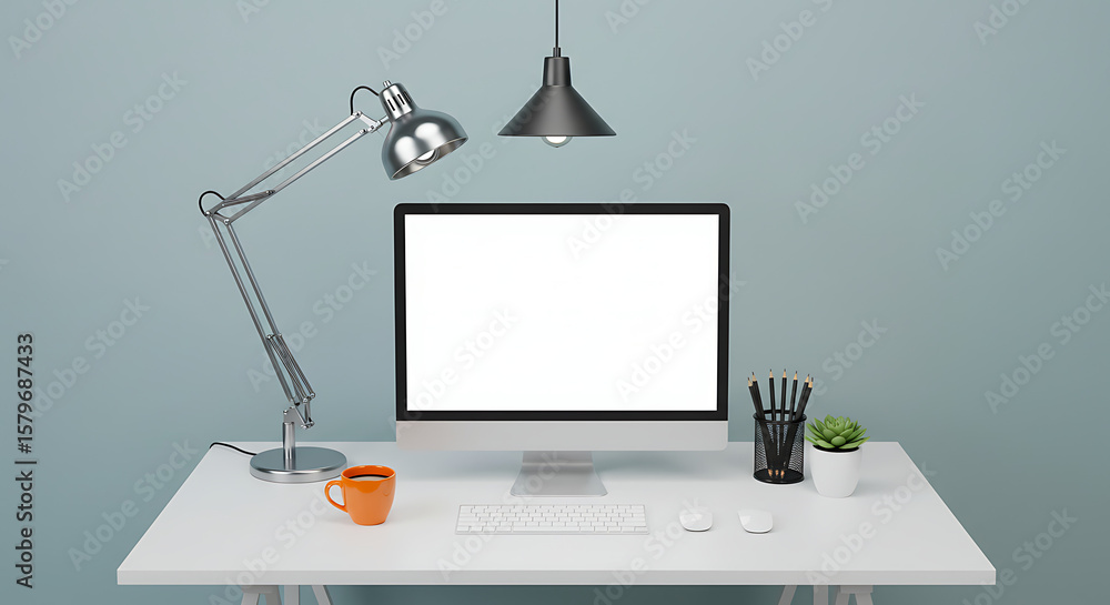 Poster minimalist workspace with desk lamp and computer mockup on clean blue background for product display