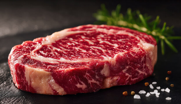 Fresh raw beef steak with seasonings and rosemary