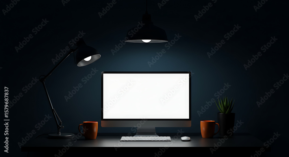 Poster workspace simplicity a minimalist desk setup with a blank screen computer, coffee cups, and desk lam