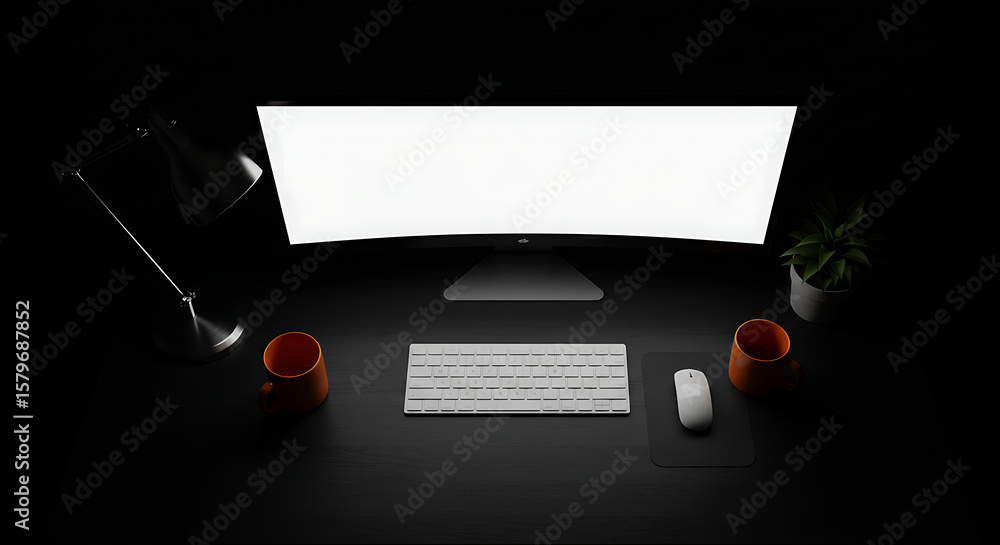 Poster modern workplace setup with computer, keyboard, lamp and workspace essentials for productivity