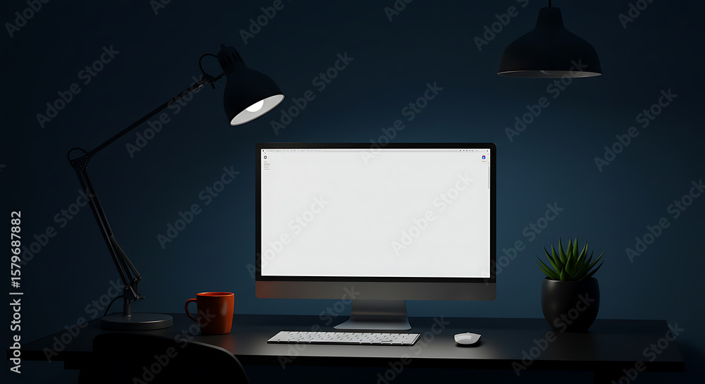 Poster minimalist workspace with computer screen and desk lamp in dark room for productivity