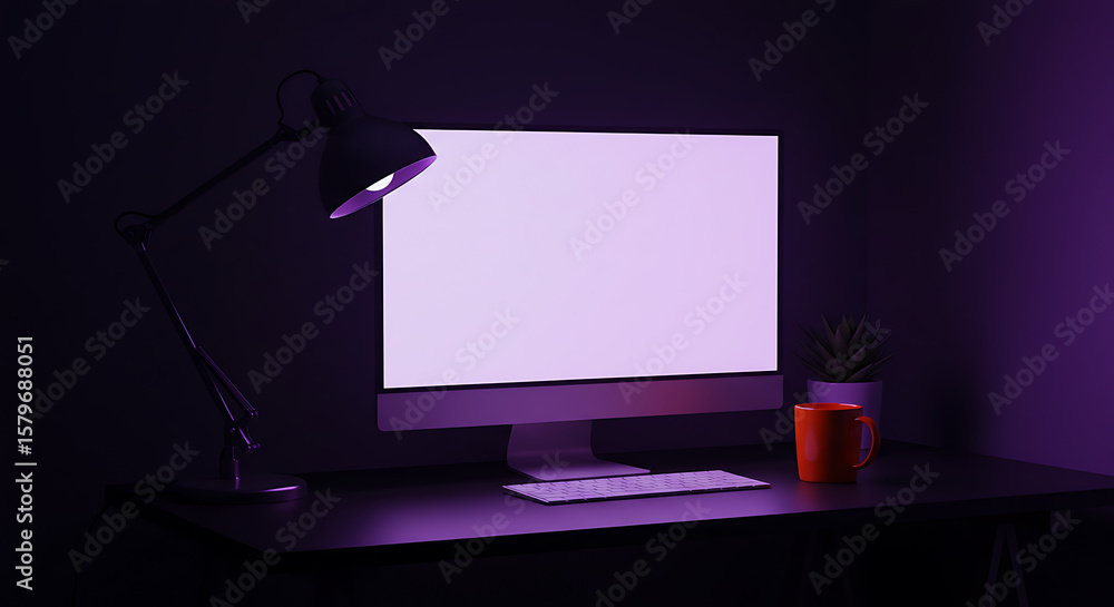 Poster illuminated workspace a modern desk setup with computer and lamp creating a focused ambience
