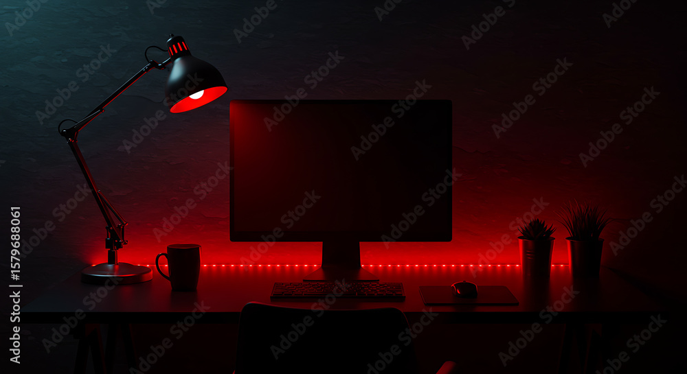 Poster illuminated workspace with modern computer setup under red lighting creates a focused and cozy atmos