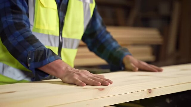 Worker in Blue Flannel and Neon Safety Vest Inspecting a Long Piece of Wood in Dim Lit Wood Shop