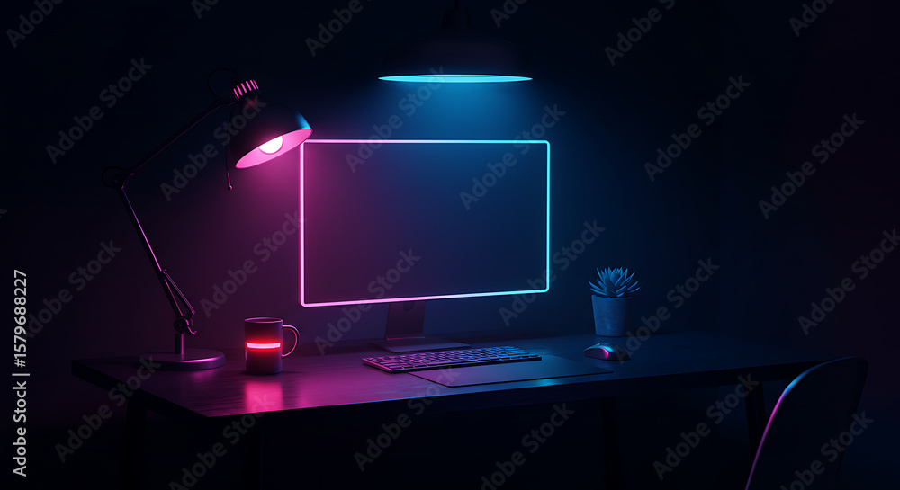 Aufkleber neon glow workspace modern minimalist computer setup with a desk lamp and creative lighting