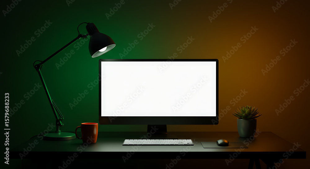 Fototapete Modern Workspace Mockup Computer Screen on Desk with Lamp and Plant for Business Presentations and Web Design Projects
