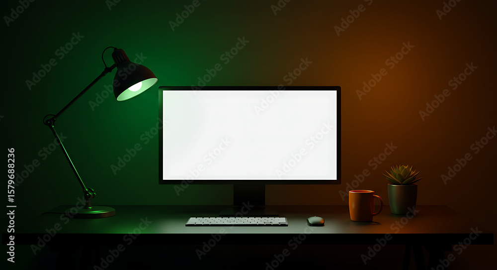 Poster minimalist workspace illuminated computer setup with green and orange accents for focused productivi