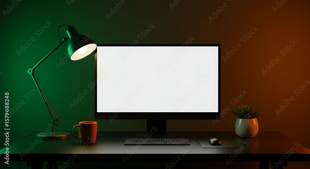 Poster illuminated workspace a modern computer setup with vibrant lighting for a creative and productive en