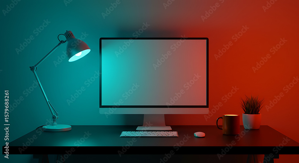Poster modern workspace with computer setup on desk under teal and red lighting, inspiring creativity for d