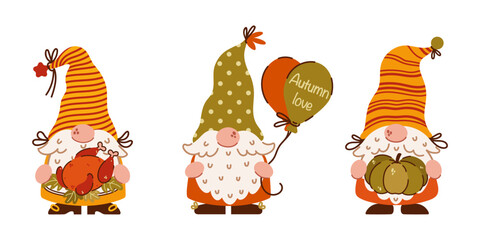 Cute autumn gnomes, vector set. Funny elves with beards hold a ripe pumpkin, roasted turkey, balloons. Scandinavian characters. Dwarves in Thanksgiving hats for a fall party. Hand drawn simple clipart