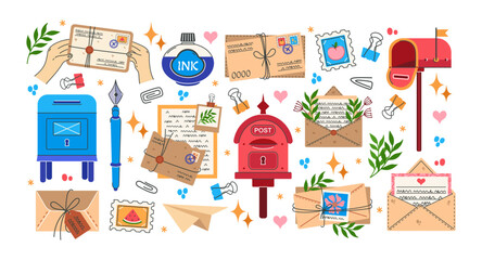 Letters vector set. Envelopes with messages, postcards, notes, documents. Stationery, postage stamps, flowers. Fountain pen, ink. Paper correspondence, mailbox for sending collection. Hand drawn art