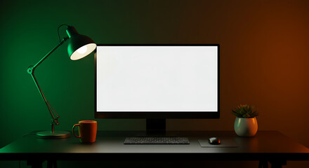 Illuminated workspace A modern computer setup with vibrant lighting for a creative and productive environment.