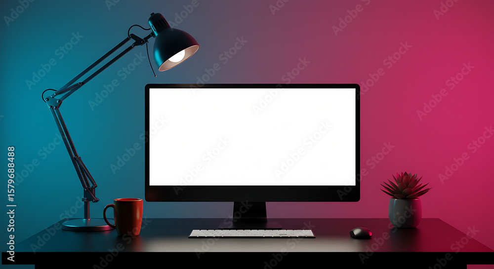 Poster workspace serenity a modern desk setup with a blank screen computer, illuminating lamp, and refreshi