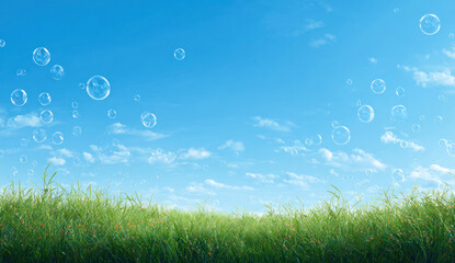 Bright blue sky with floating bubbles over green grass