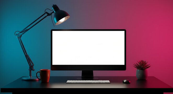 Workspace Serenity A modern desk setup with a blank screen computer, illuminating lamp, and refreshing coffee mug, creating a peaceful and inspiring environment.