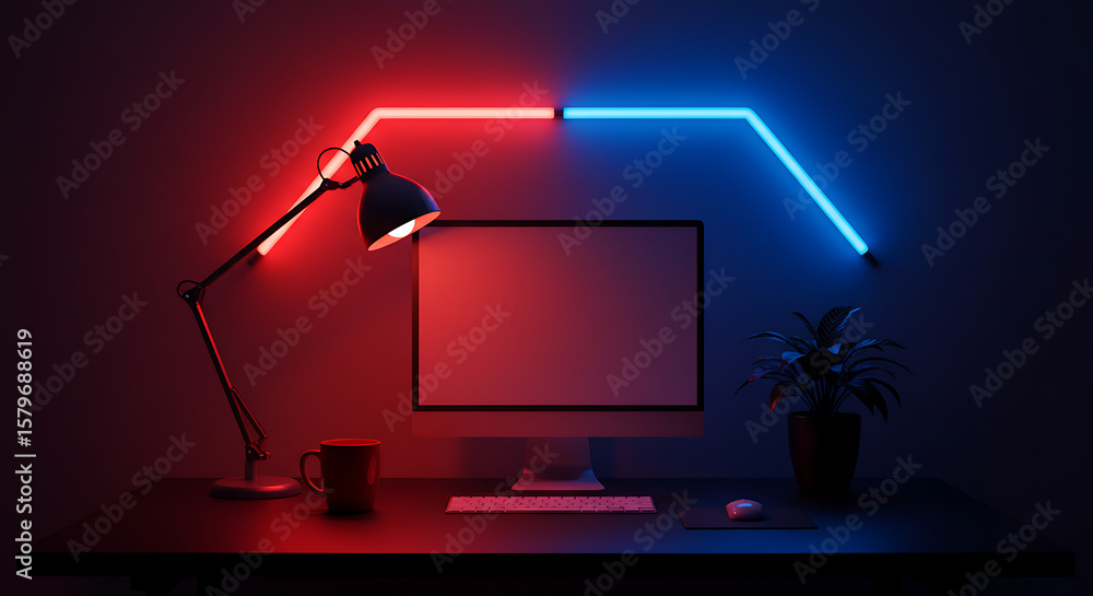 Poster modern workspace with neon accents computer setup with red and blue lighting for focus and inspirati