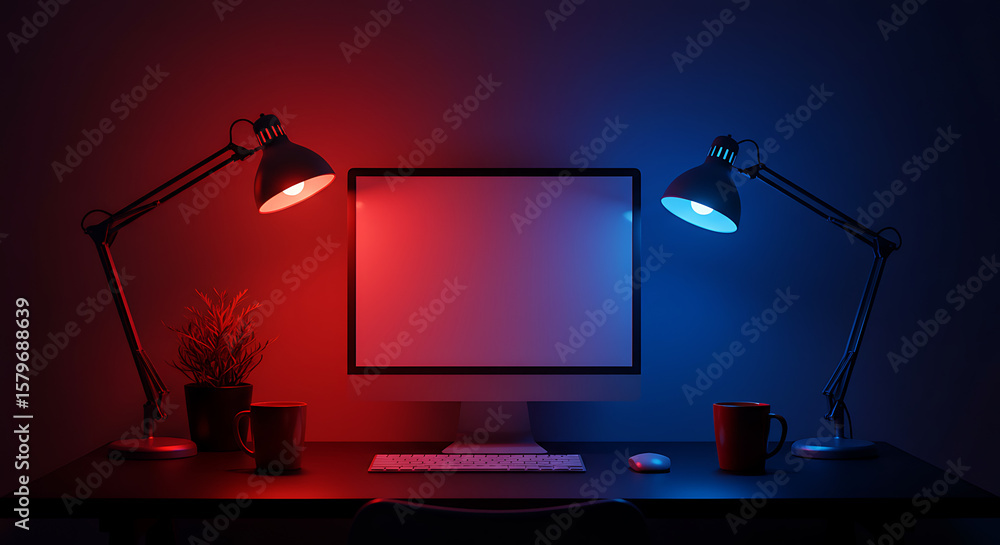 Poster creative workspace illumination computer setup with dual lamps in red and blue lighting for enhanced