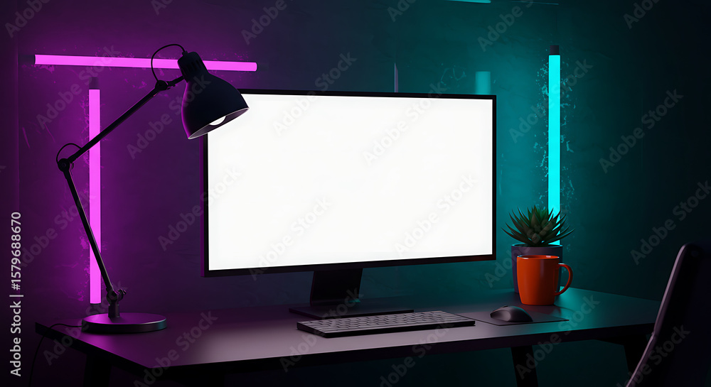 Poster modern workspace with blank screen monitor and neon lighting for tech enthusiasts design and style i