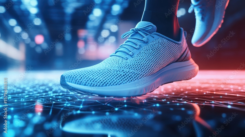 Poster close-up of a light-blue running shoe on a surface with digital network patterns.