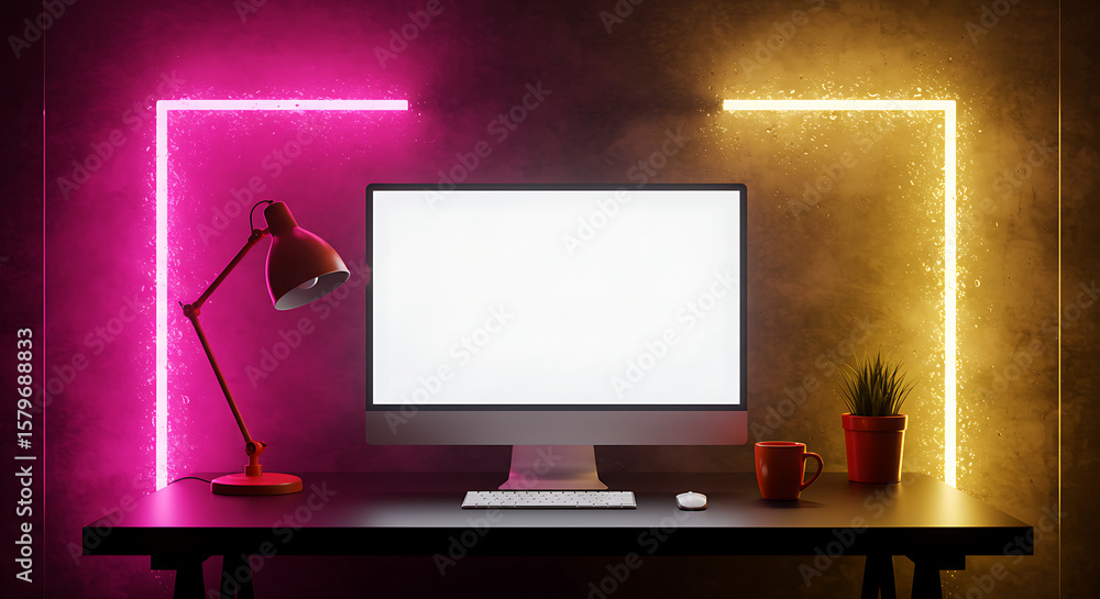 Poster illuminated workspace modern computer setup with neon accents, desk and computer screen showcasing a