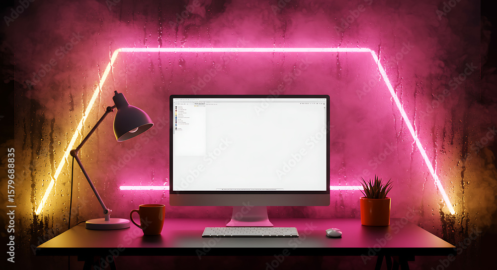 Poster creative workspace computer setup with neon lights for tech and design inspiration in a modern offic
