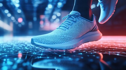 Close-up of a light-blue running shoe on a surface with digital network patterns.