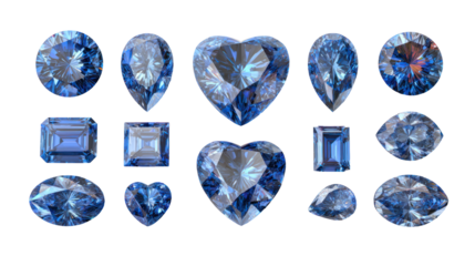  High-Resolution Set of 18 Brilliant Blue Diamond Gems on Transparent Background