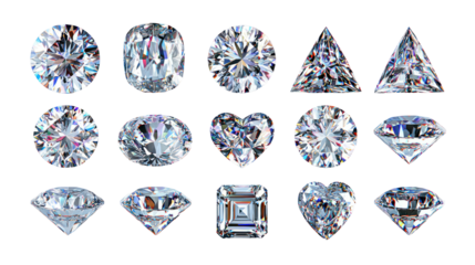 High resolution set of 18 brilliant diamond gemstones on transparent background

