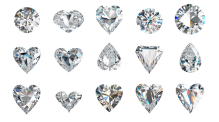 High resolution set of 18 brilliant diamond gemstones on transparent background

