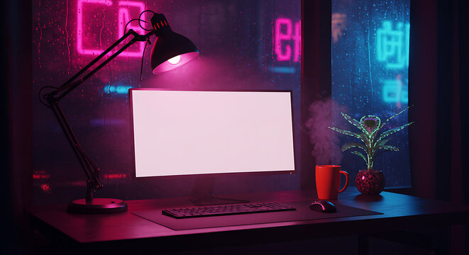 Cozy Cyberpunk Workspace Desk Setup with Computer, Coffee, and Neon Lights on a Rainy Night - Powered by Adobe