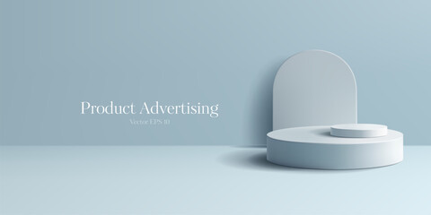 Realistic empty 3D podium for advertising products, promotional offers, and discounts. Modern soft design, interior with geometric objects. Vector illustration.
