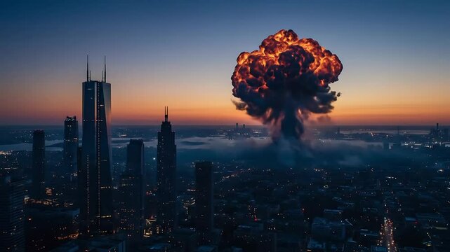 Exploding Bomb Over City Skyline at Sunset Aerial View Concept