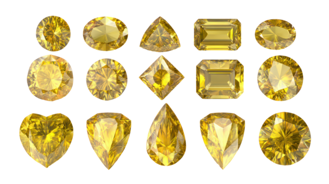 High resolution set of 18 brilliant yellow diamond gemstones on transparent background

