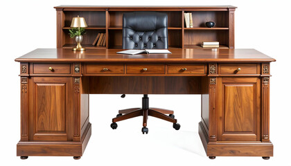 Large Brown Wooden Executive Desk with Bookcase