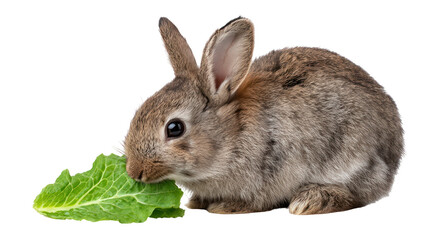 Obraz premium Adorable Bunny Eating Fresh Green Lettuce Leaf on Transparent Background